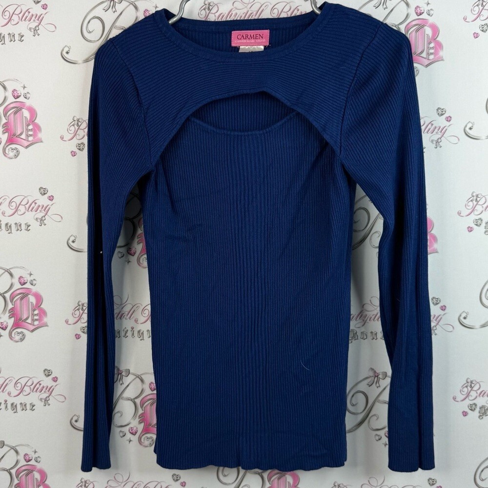 Carmen Marc Valvo long sleeve cut out detail front blue Navy Long Sleeve Top